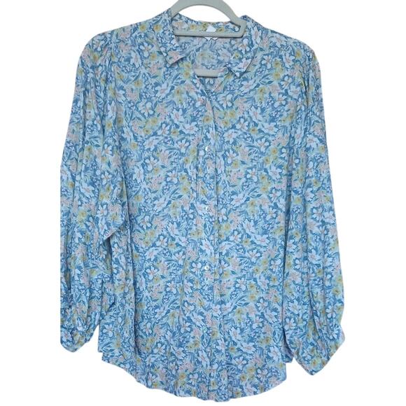 Lauren Conrad Blue Floral Button Up Shirt Cotton Blend Women's XXL Fairy Cottage - Picture 1 of 8